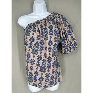 Summum Top Womens Medium Blue Floral One Shoulder Cottagecore Boho Ruffle